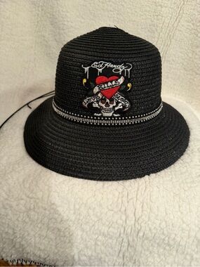 Ed Hardy Black Straw Hat with Red Heart & Skull Embroidery